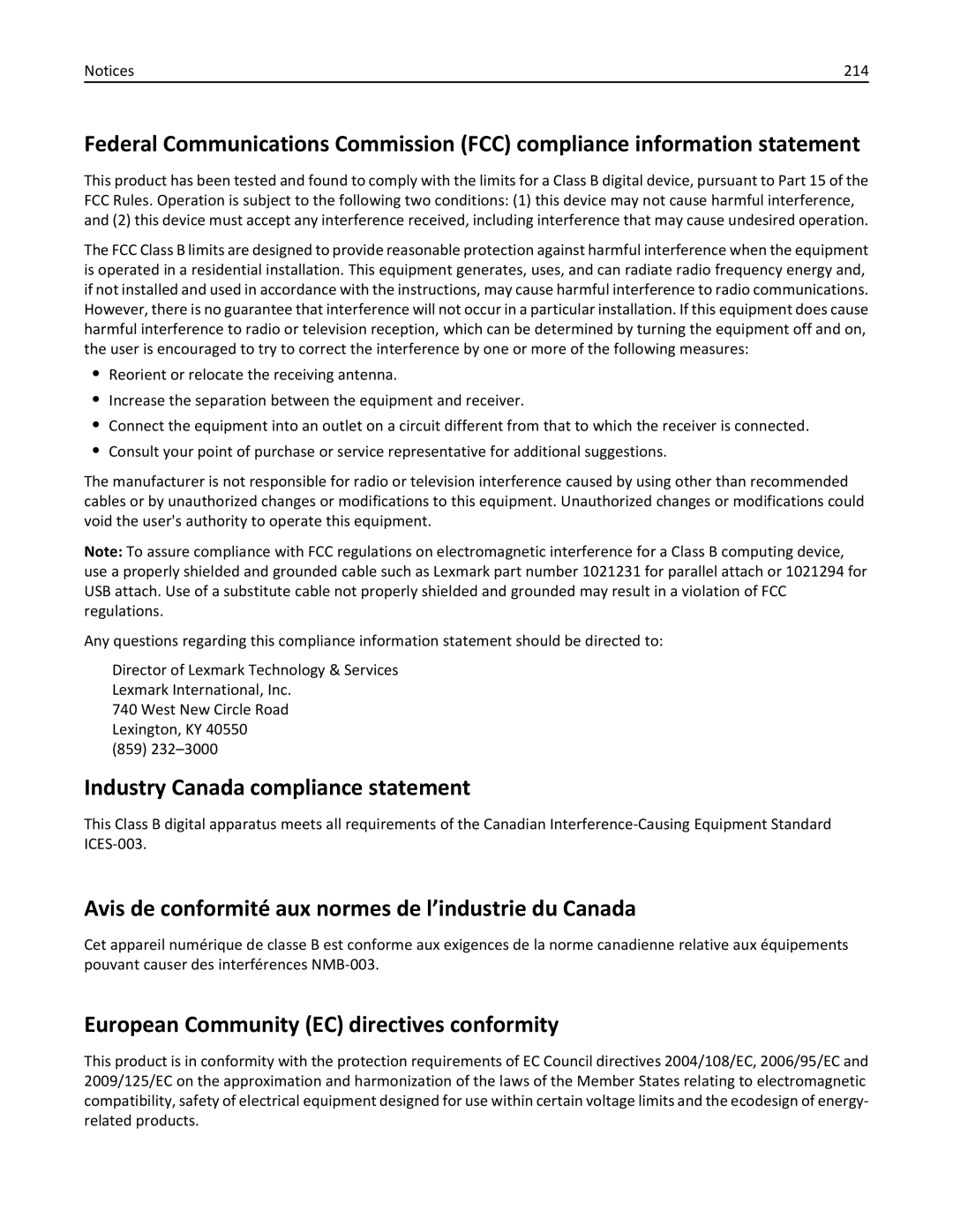 Lexmark M5163DN manual Industry Canada compliance statement, Avis de conformité aux normes de l’industrie du Canada, 214 