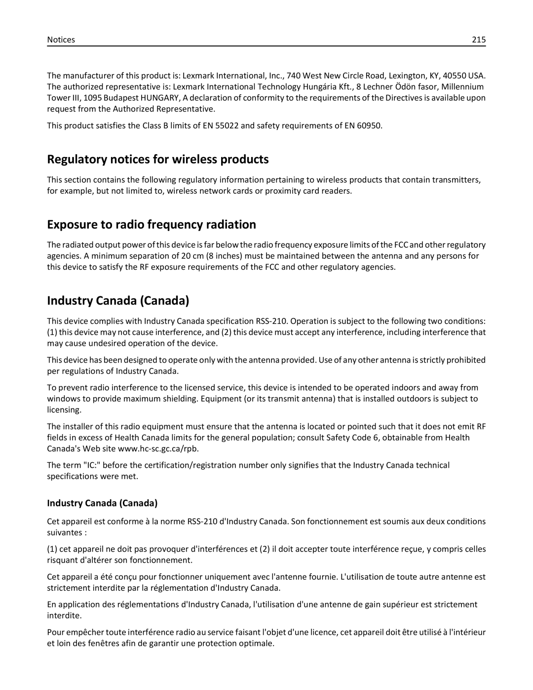 Lexmark M5163DN Regulatory notices for wireless products, Exposure to radio frequency radiation, Industry Canada Canada 