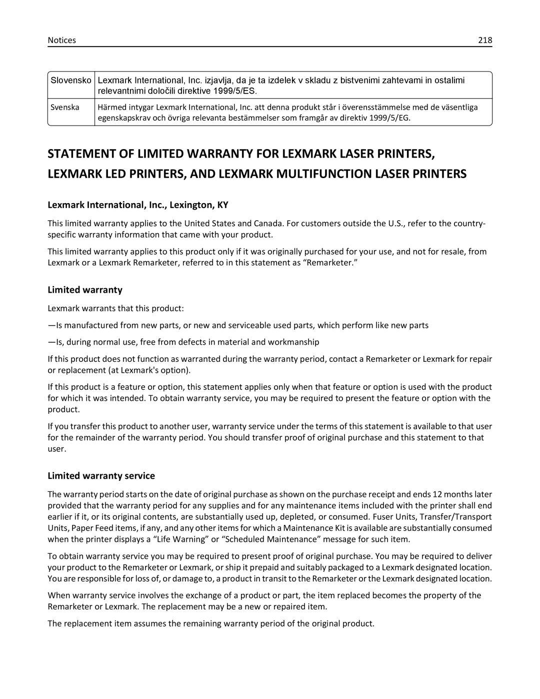 Lexmark M5163DN manual Lexmark International, Inc., Lexington, KY, Limited warranty service, 218 