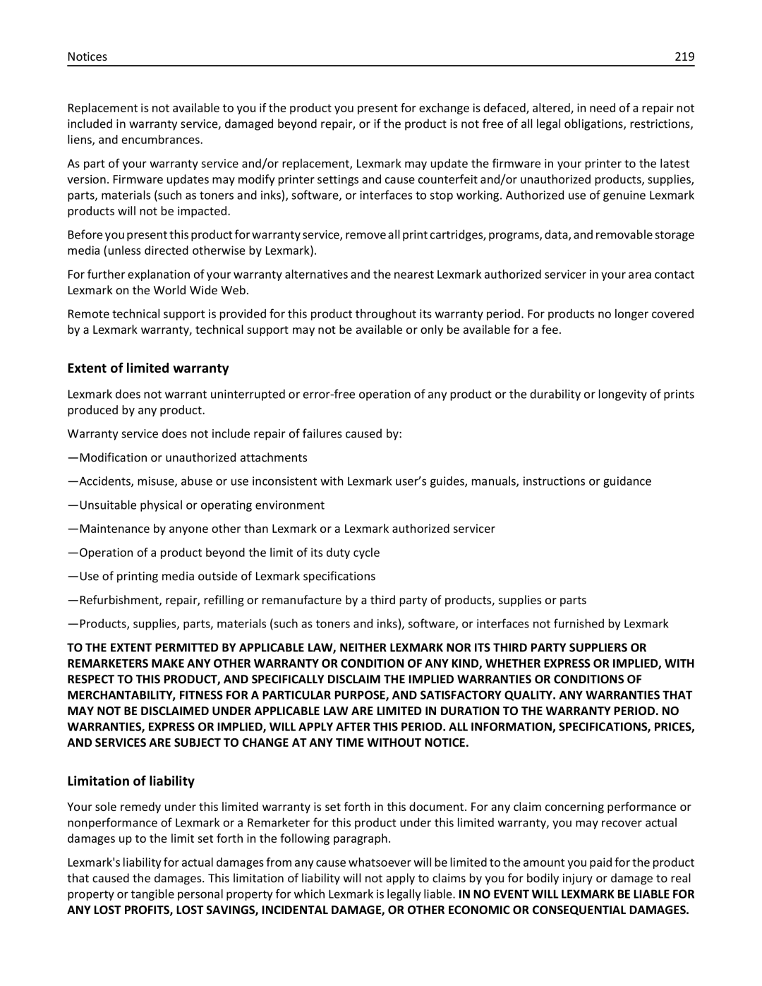 Lexmark M5163DN manual Extent of limited warranty, Limitation of liability, 219 