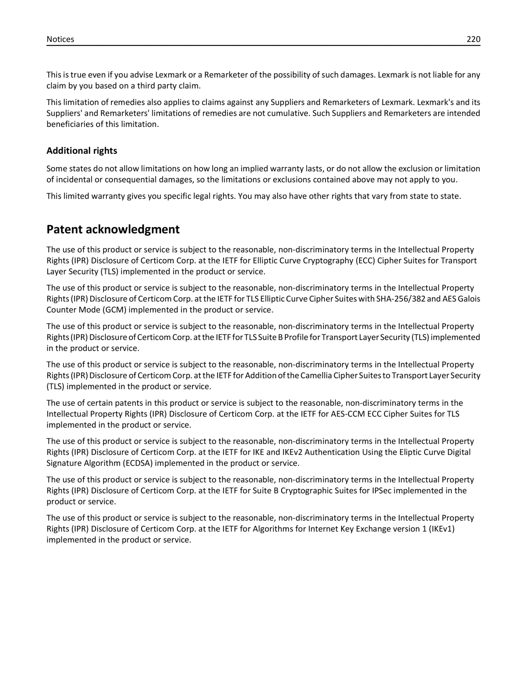 Lexmark M5163DN manual Patent acknowledgment, Additional rights, 220 