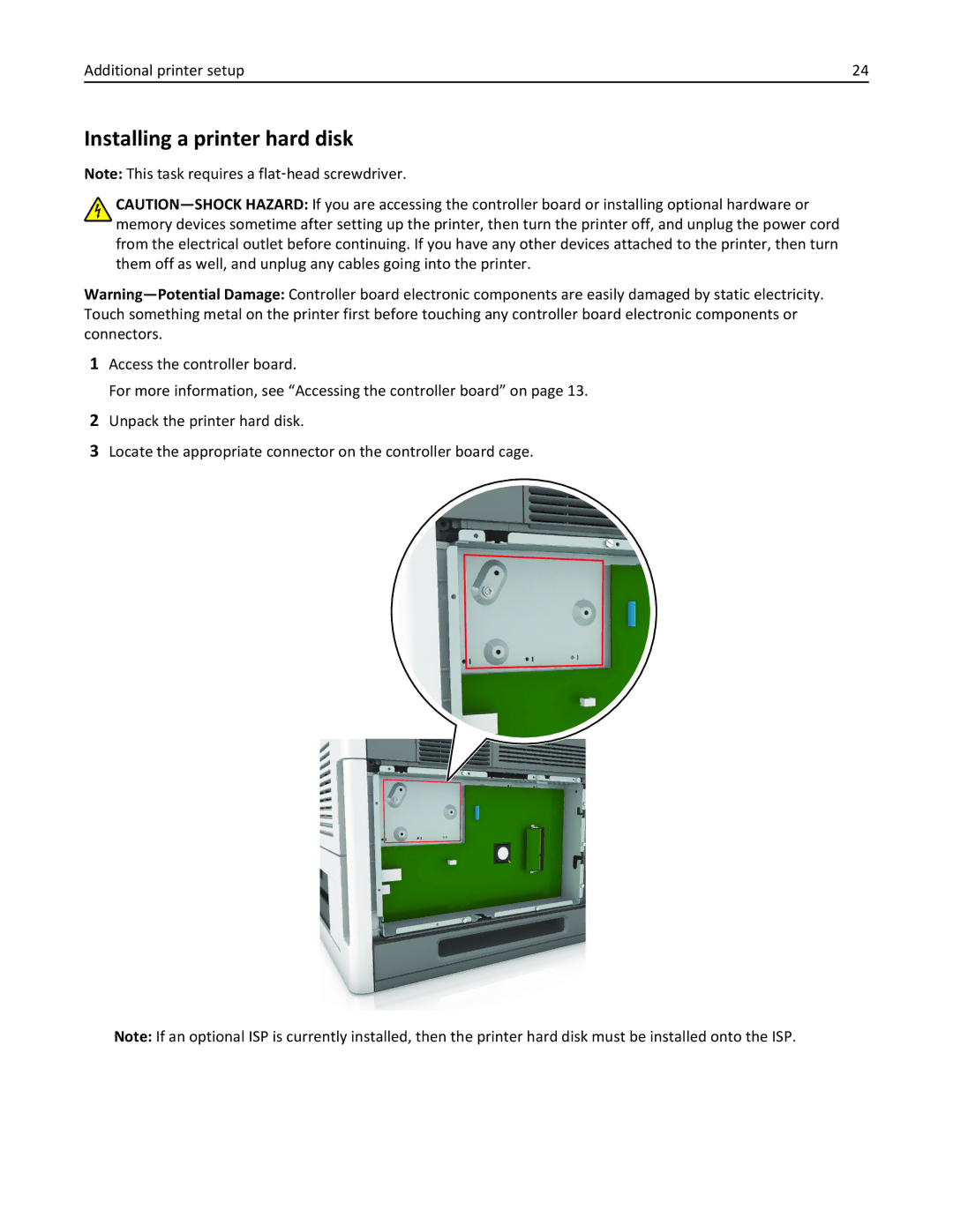 Lexmark M5163DN manual Installing a printer hard disk, Additional printer setup 