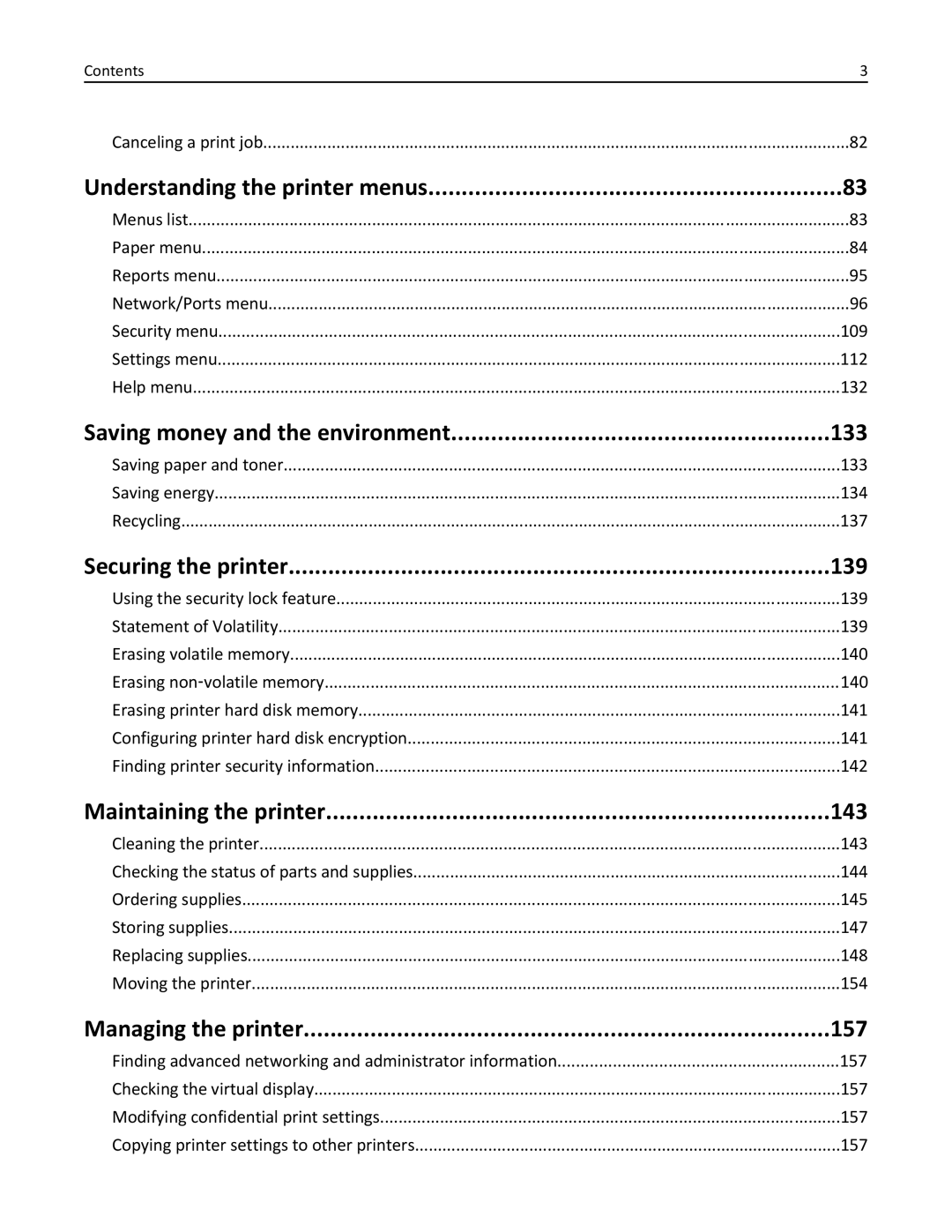 Lexmark M5163DN manual Understanding the printer menus, Saving money and the environment 133, Securing the printer 139 