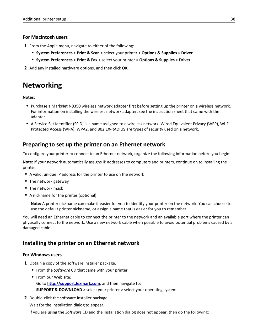 Lexmark M5163DN Networking, Preparing to set up the printer on an Ethernet network, For Macintosh users, For Windows users 