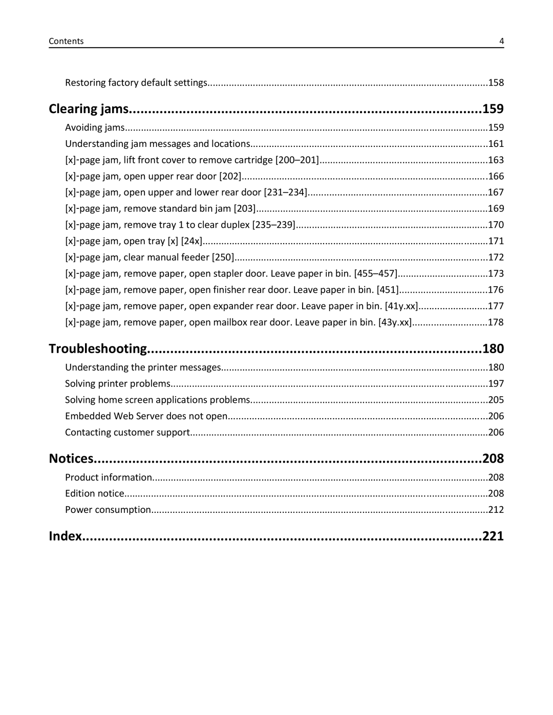 Lexmark M5163DN manual Clearing jams 159, Troubleshooting 180, 208, Index 221 