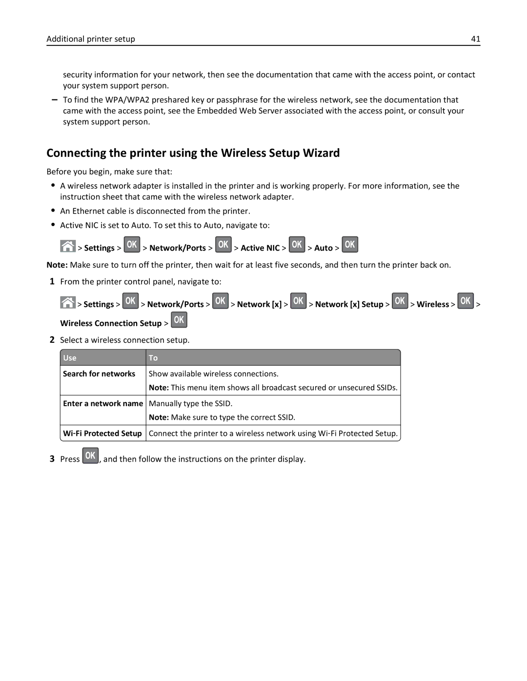 Lexmark M5163DN manual Connecting the printer using the Wireless Setup Wizard, Settings Network/Ports Active NIC Auto 