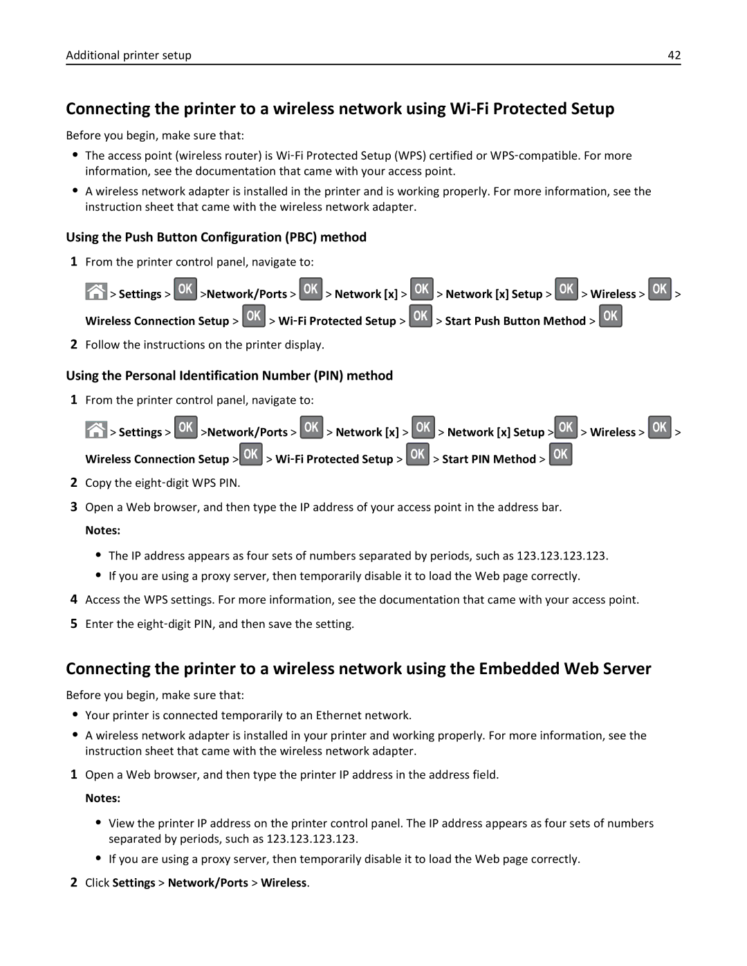 Lexmark M5163DN manual Using the Push Button Configuration PBC method, Using the Personal Identification Number PIN method 