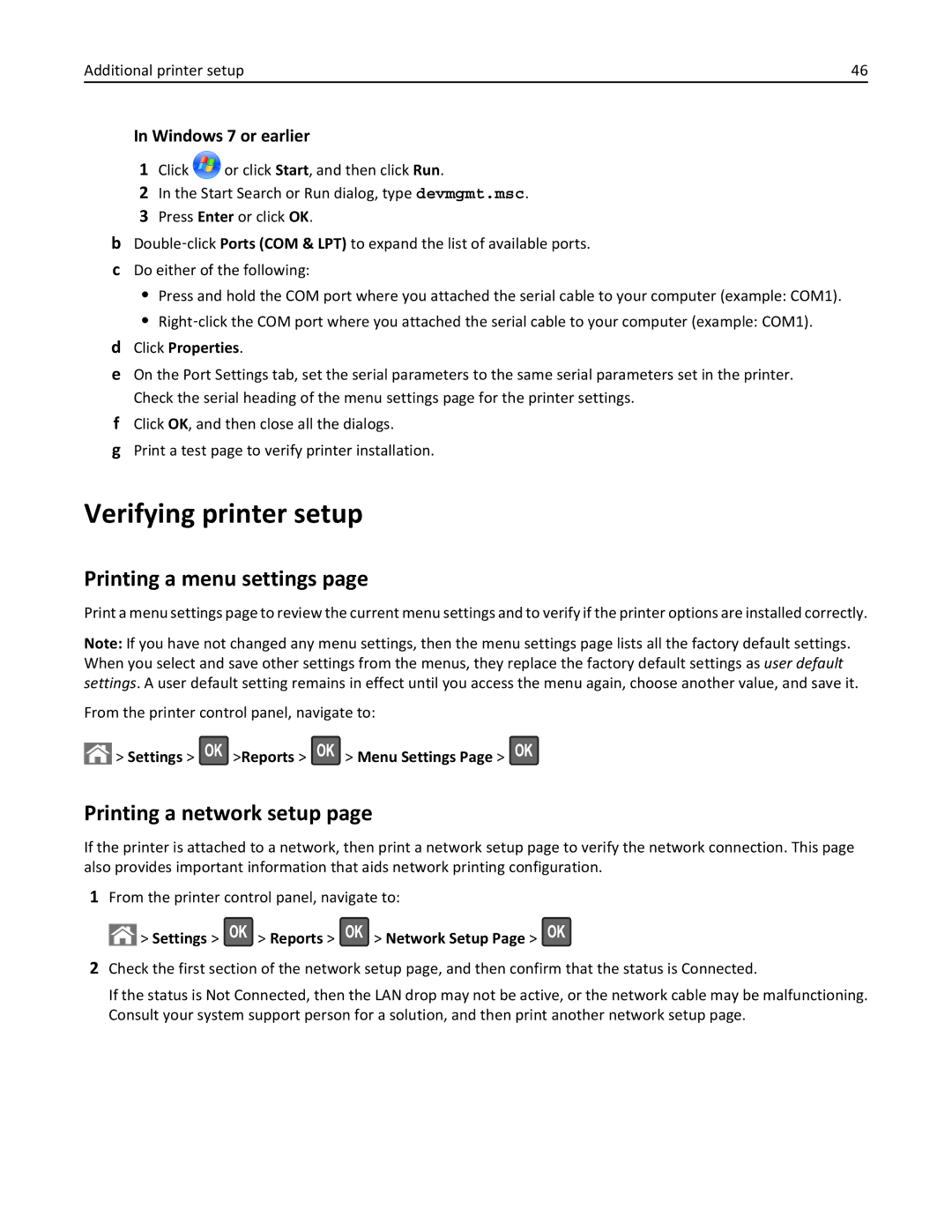 Lexmark M5163DN manual Verifying printer setup, Printing a menu settings, Printing a network setup 