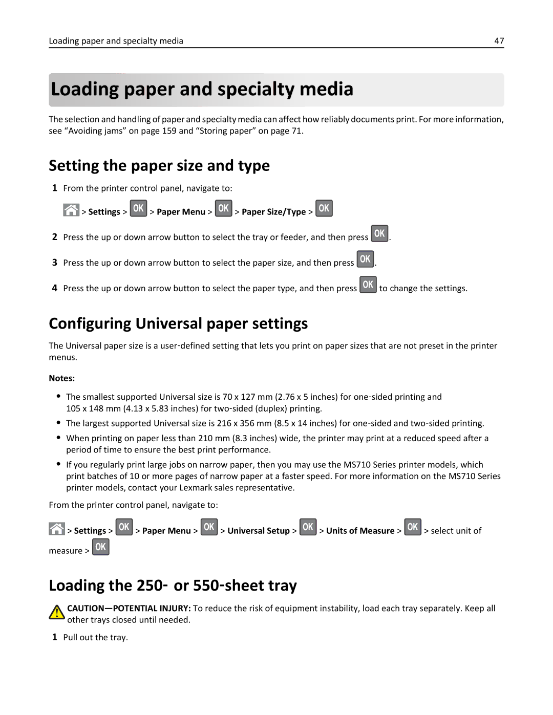 Lexmark M5163DN Loading paper and specialty media, Setting the paper size and type, Configuring Universal paper settings 