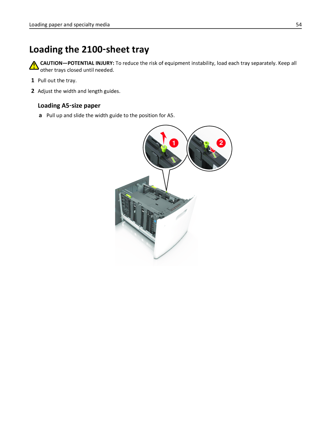 Lexmark M5163DN Loading the 2100‑sheet tray, Loading A5‑size paper, Pull out the tray Adjust the width and length guides 