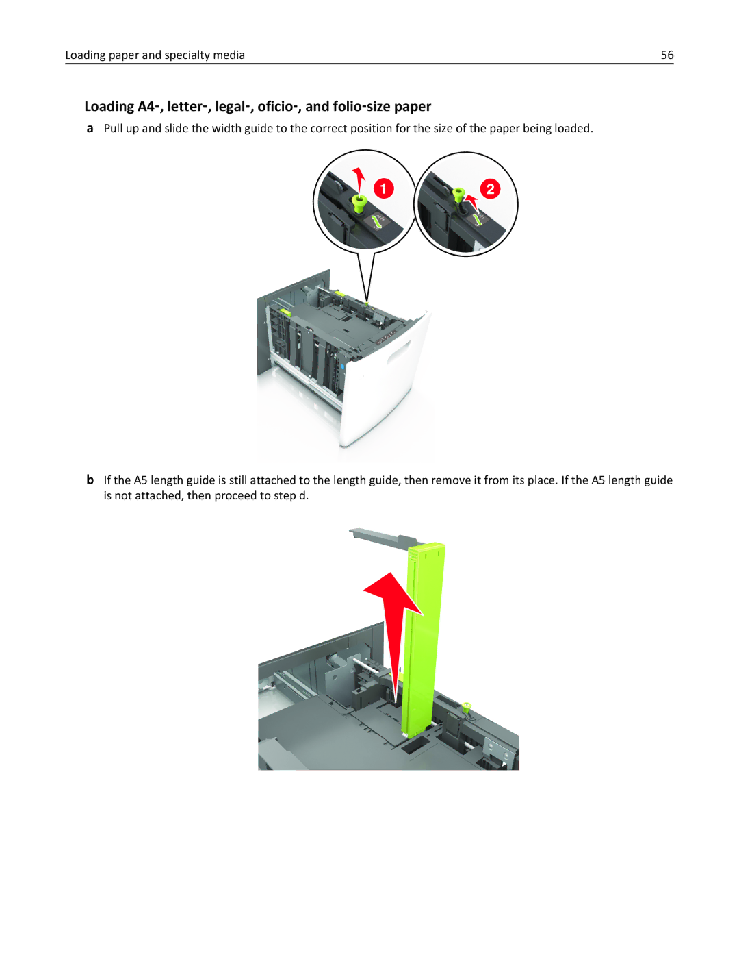 Lexmark M5163DN manual Loading A4‑, letter‑, legal‑, oficio‑, and folio‑size paper 