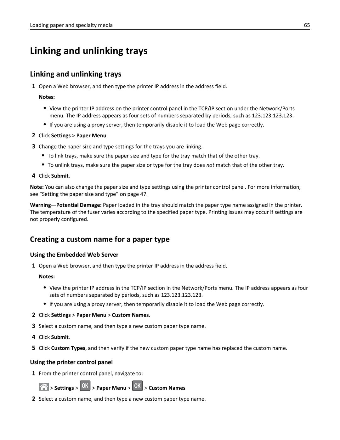 Lexmark M5163DN manual Linking and unlinking trays, Creating a custom name for a paper type, Using the Embedded Web Server 