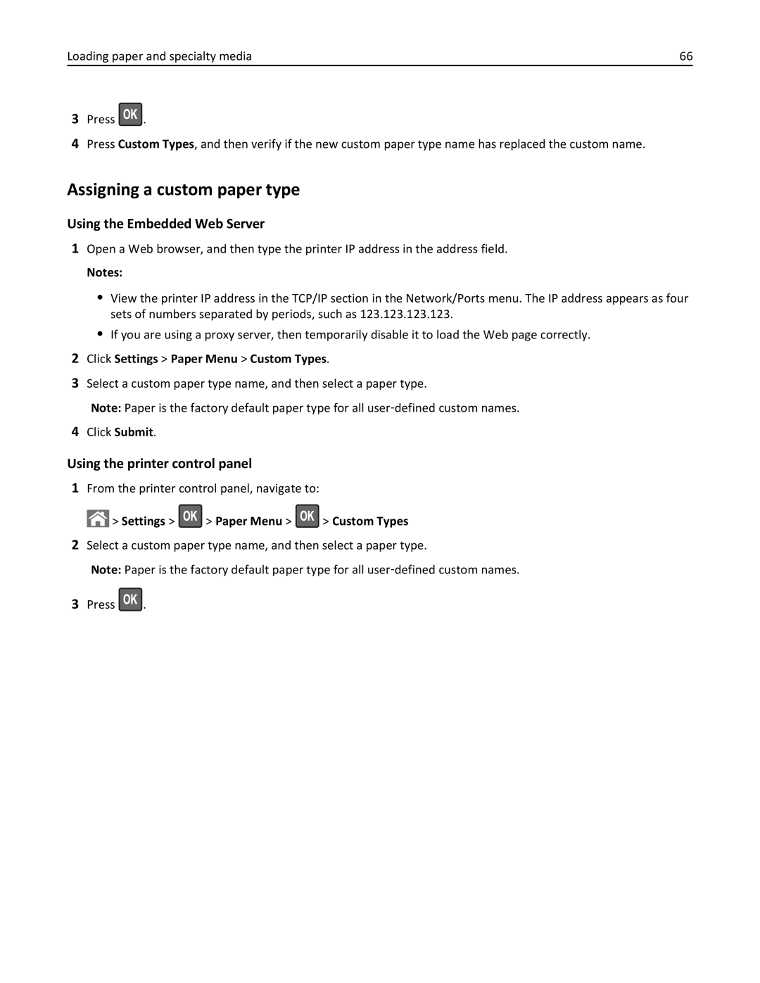 Lexmark M5163DN manual Assigning a custom paper type, Click Settings Paper Menu Custom Types 