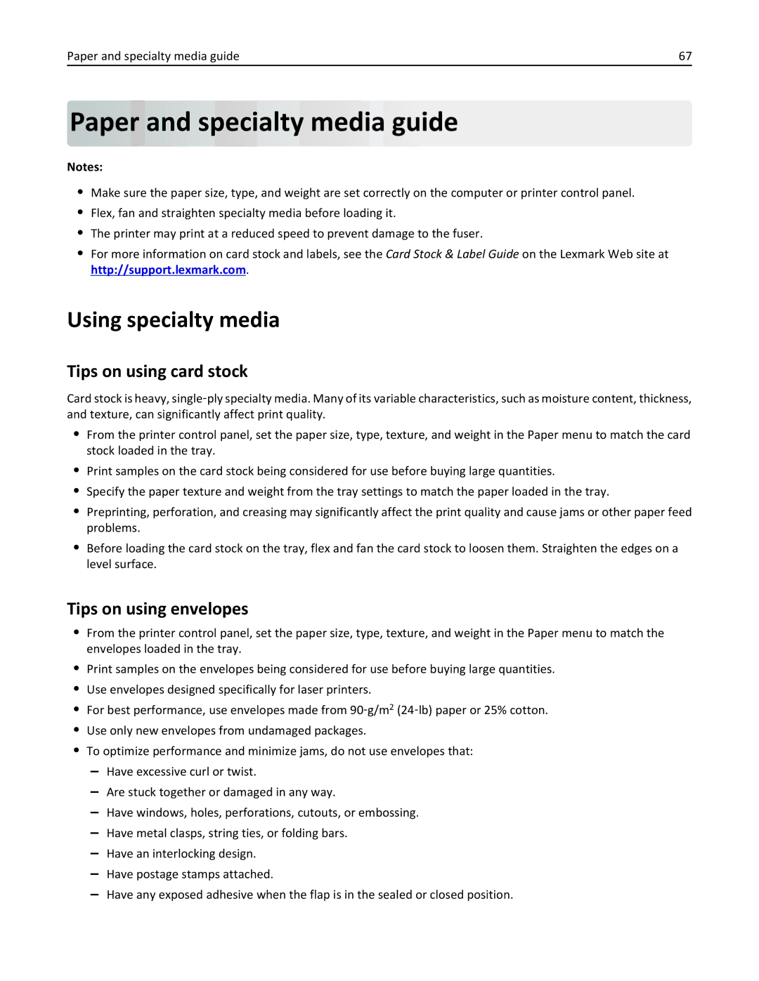 Lexmark M5163DN Paper and specialty media guide, Using specialty media, Tips on using card stock, Tips on using envelopes 