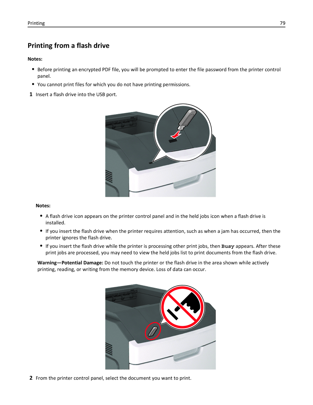 Lexmark M5163DN manual Printing from a flash drive 