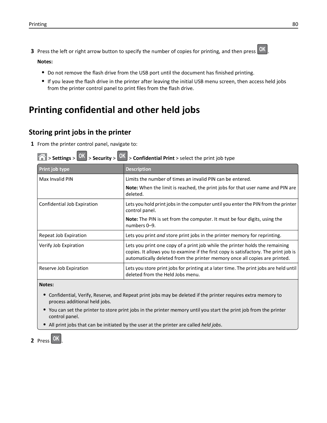 Lexmark M5163DN manual Printing confidential and other held jobs, Storing print jobs in the printer, Settings Security 