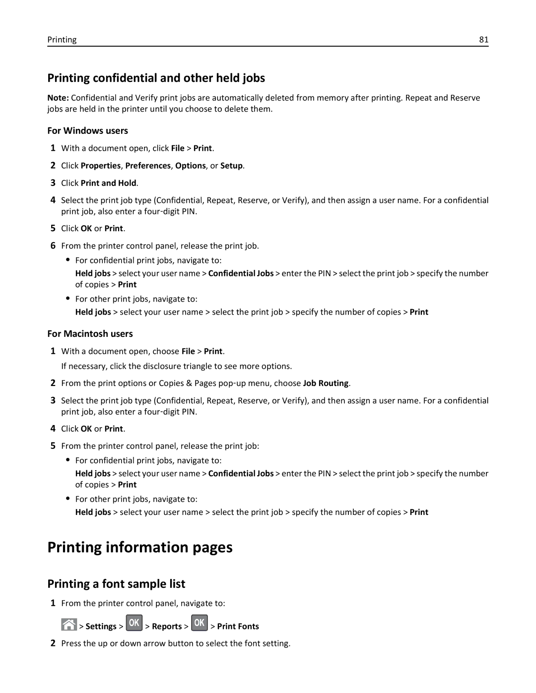 Lexmark M5163DN manual Printing information pages, Printing confidential and other held jobs, Printing a font sample list 