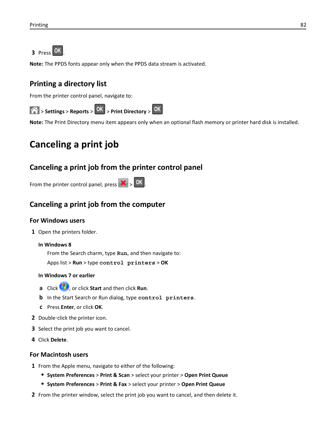 Lexmark M5163DN manual Printing a directory list, Canceling a print job from the printer control panel 