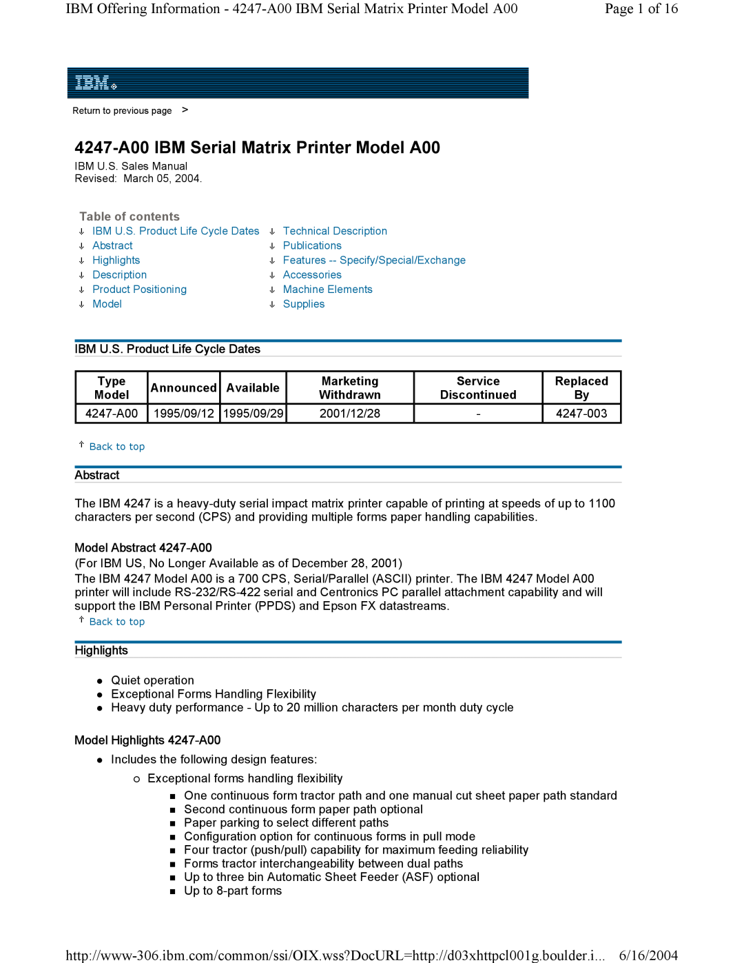Lexmark manual 4247-A00 IBM Serial Matrix Printer Model A00 