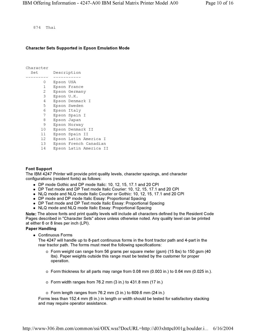 Lexmark Model A00 manual Character Sets Supported in Epson Emulation Mode, Font Support, Paper Handling 