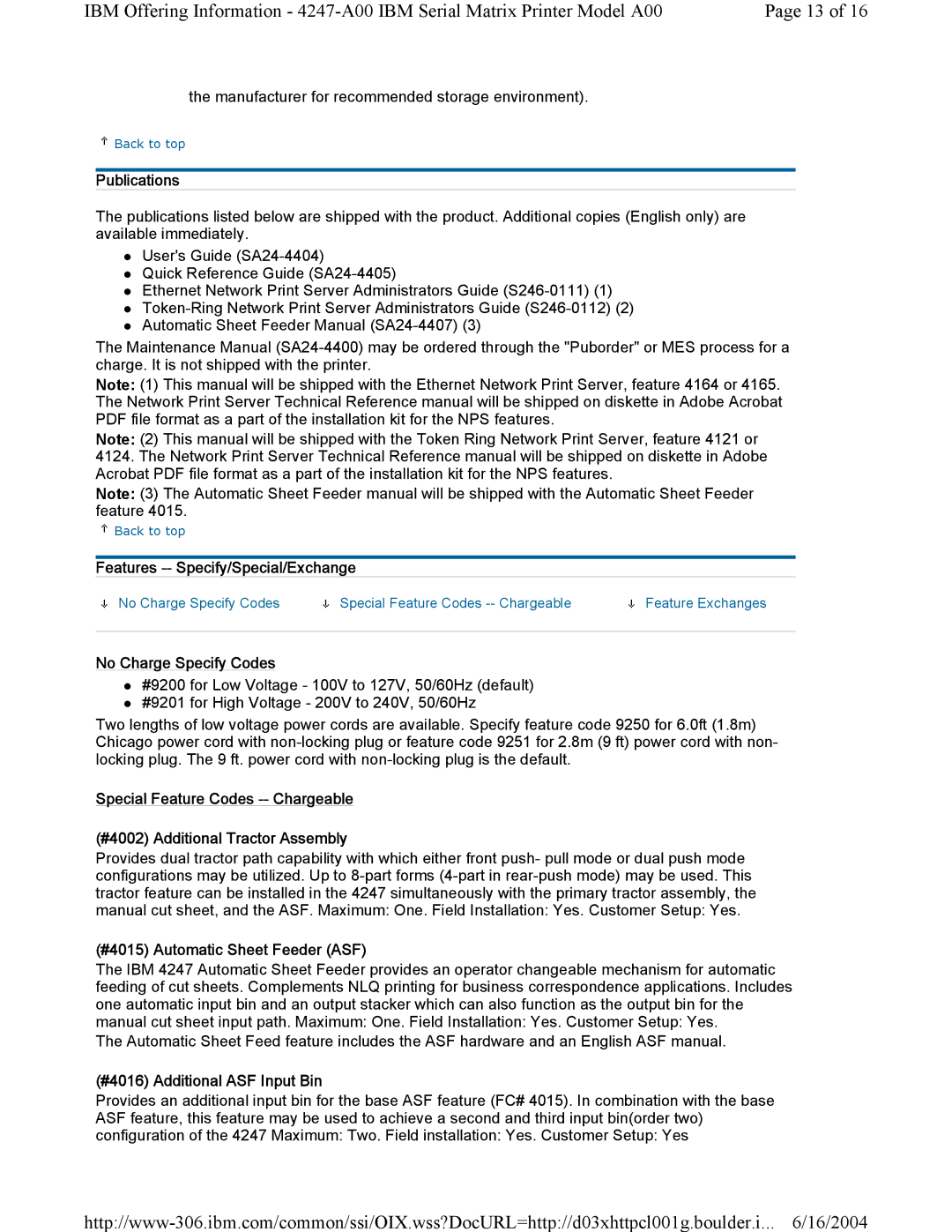 Lexmark Model A00 manual Publications, Features -- Specify/Special/Exchange, No Charge Specify Codes 