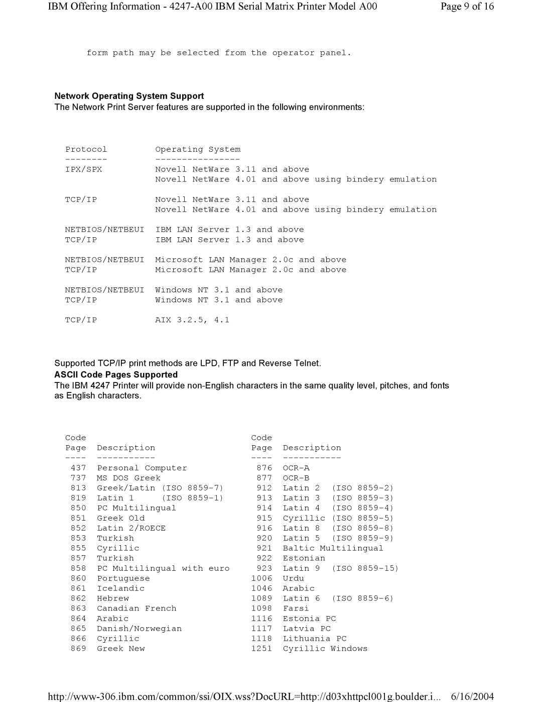 Lexmark Model A00 manual Network Operating System Support, Ascii Code Pages Supported 