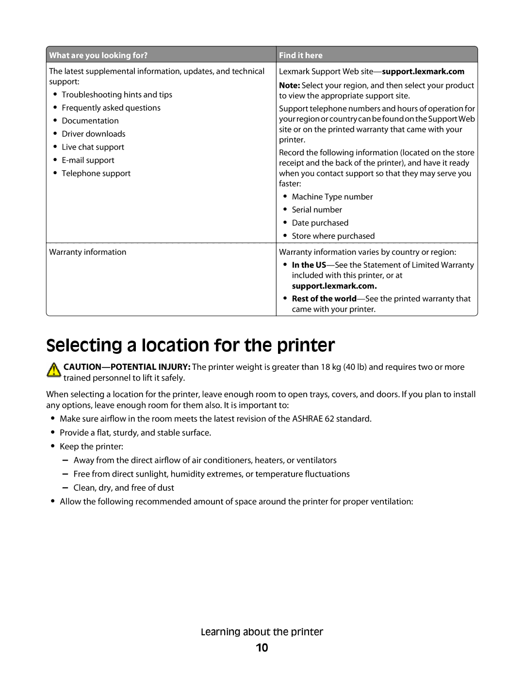 Lexmark MS00850, MS00859, MS00853, MS00855 manual Selecting a location for the printer 