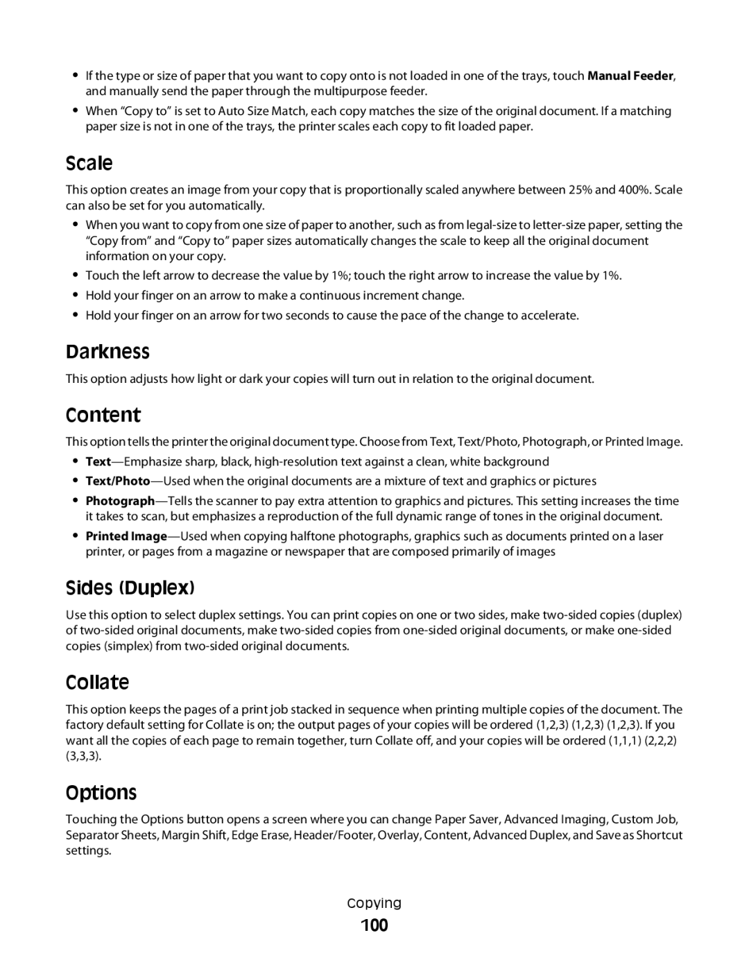 Lexmark MS00859, MS00853, MS00850, MS00855 manual Scale, Darkness, Content, Sides Duplex, Collate, Options 