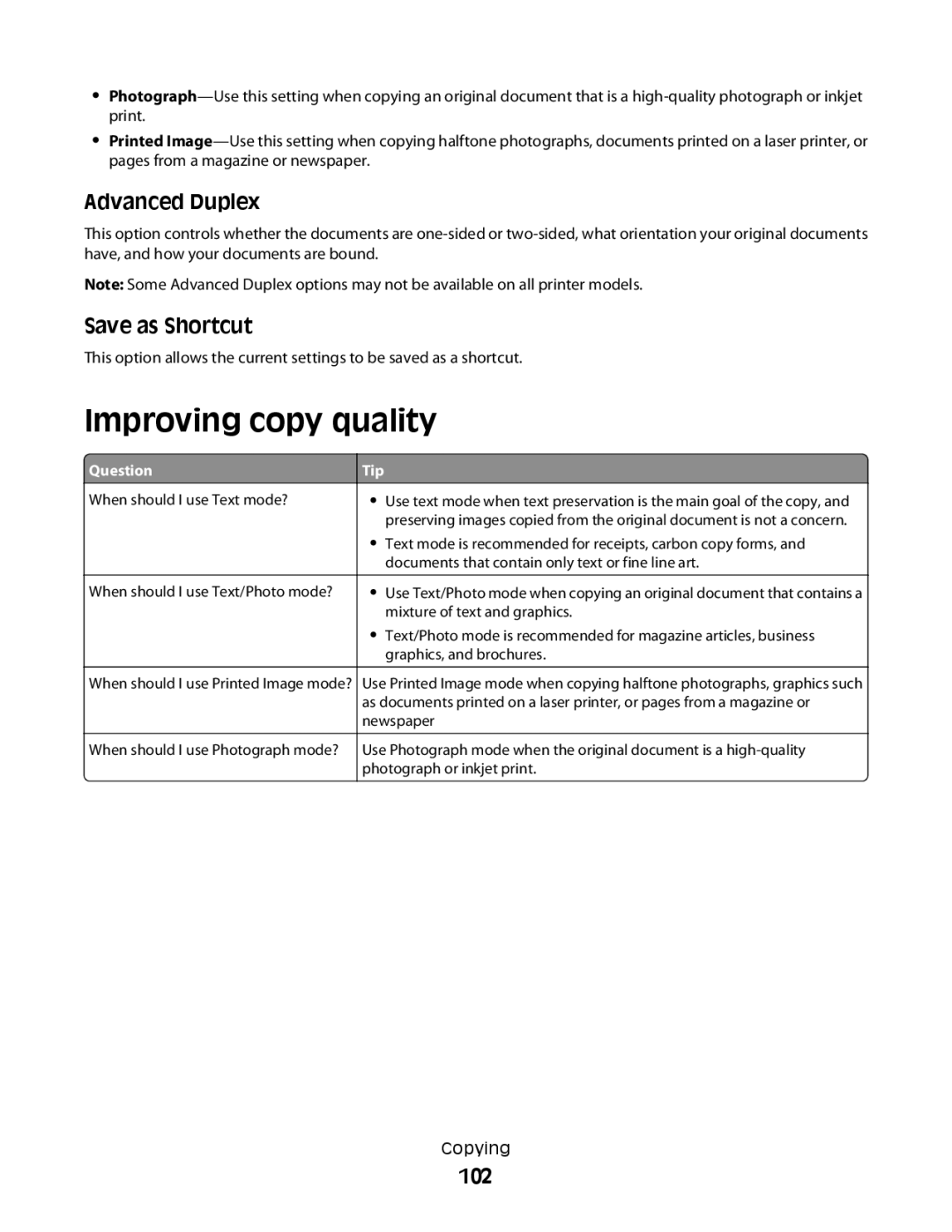 Lexmark MS00850, MS00859, MS00853, MS00855 manual Improving copy quality, Advanced Duplex, Save as Shortcut, 102 