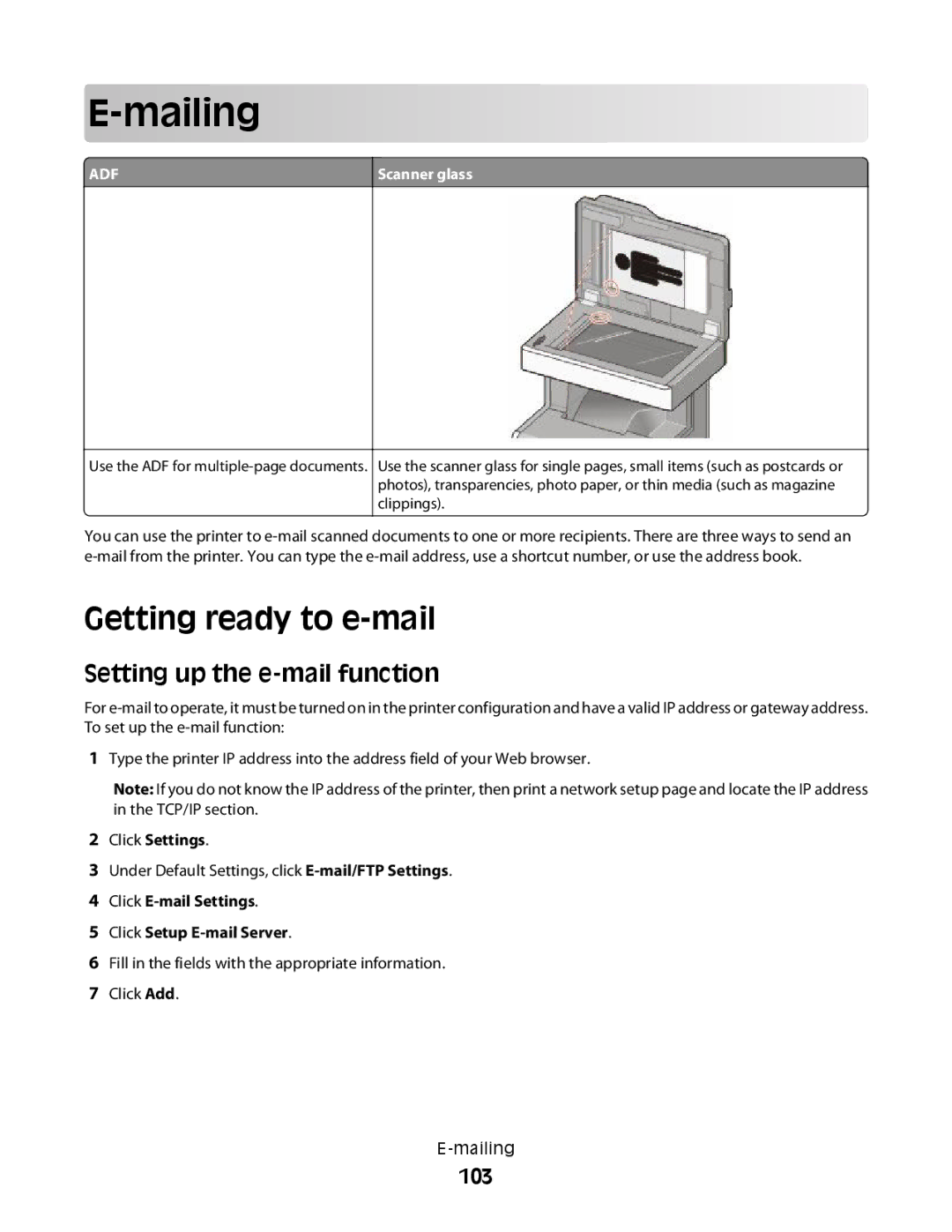 Lexmark MS00855, MS00859, MS00853, MS00850 manual Mailing, Getting ready to e-mail, Setting up the e-mail function, 103 