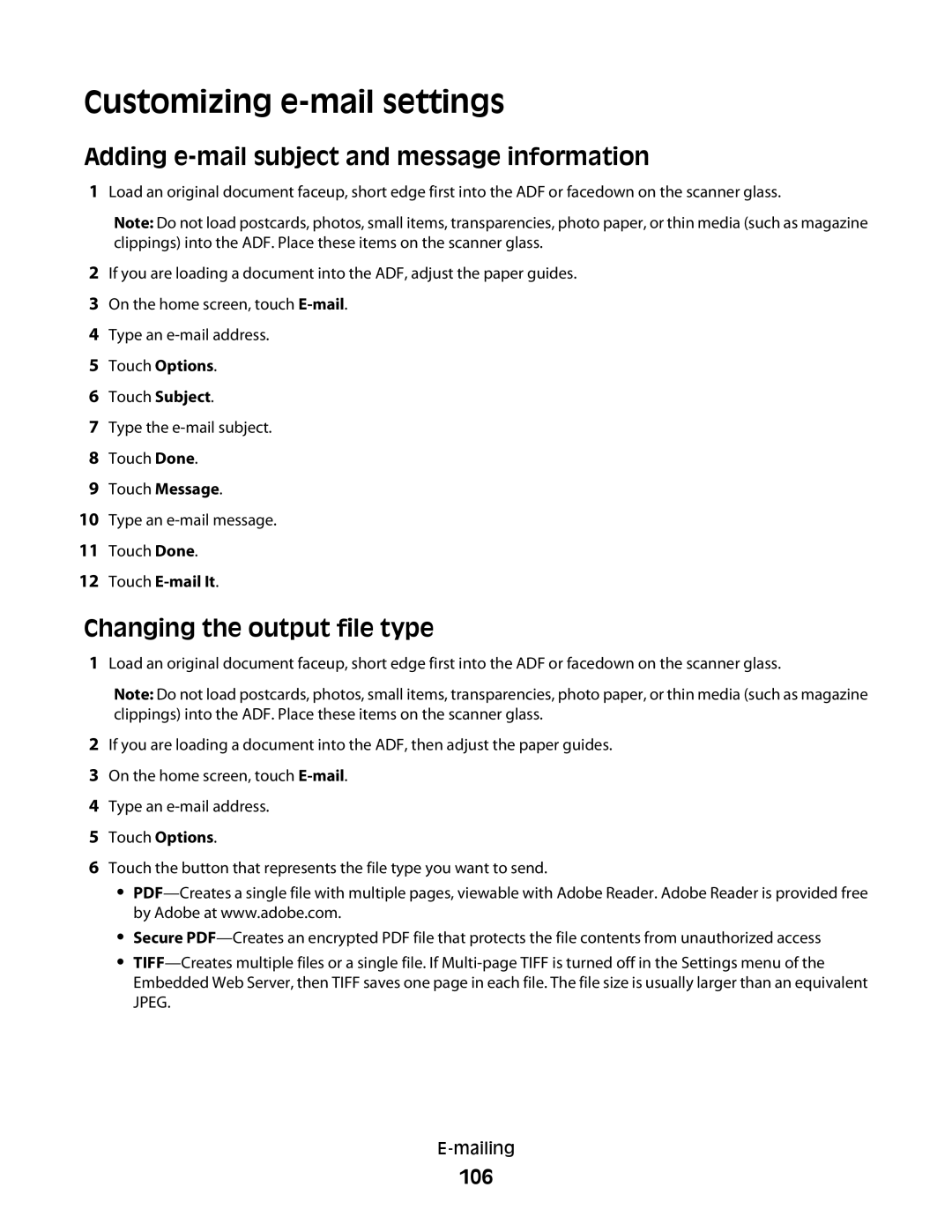 Lexmark MS00850 Customizing e-mail settings, Adding e-mail subject and message information, Changing the output file type 