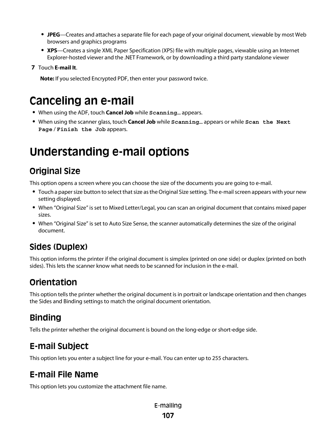 Lexmark MS00855, MS00859, MS00853, MS00850 manual Canceling an e-mail, Understanding e-mail options 