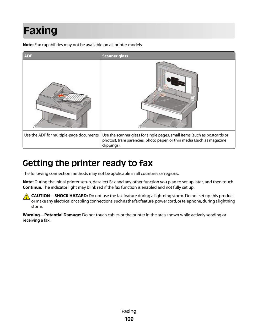 Lexmark MS00853, MS00859, MS00850, MS00855 manual Faxing, Getting the printer ready to fax, 109 