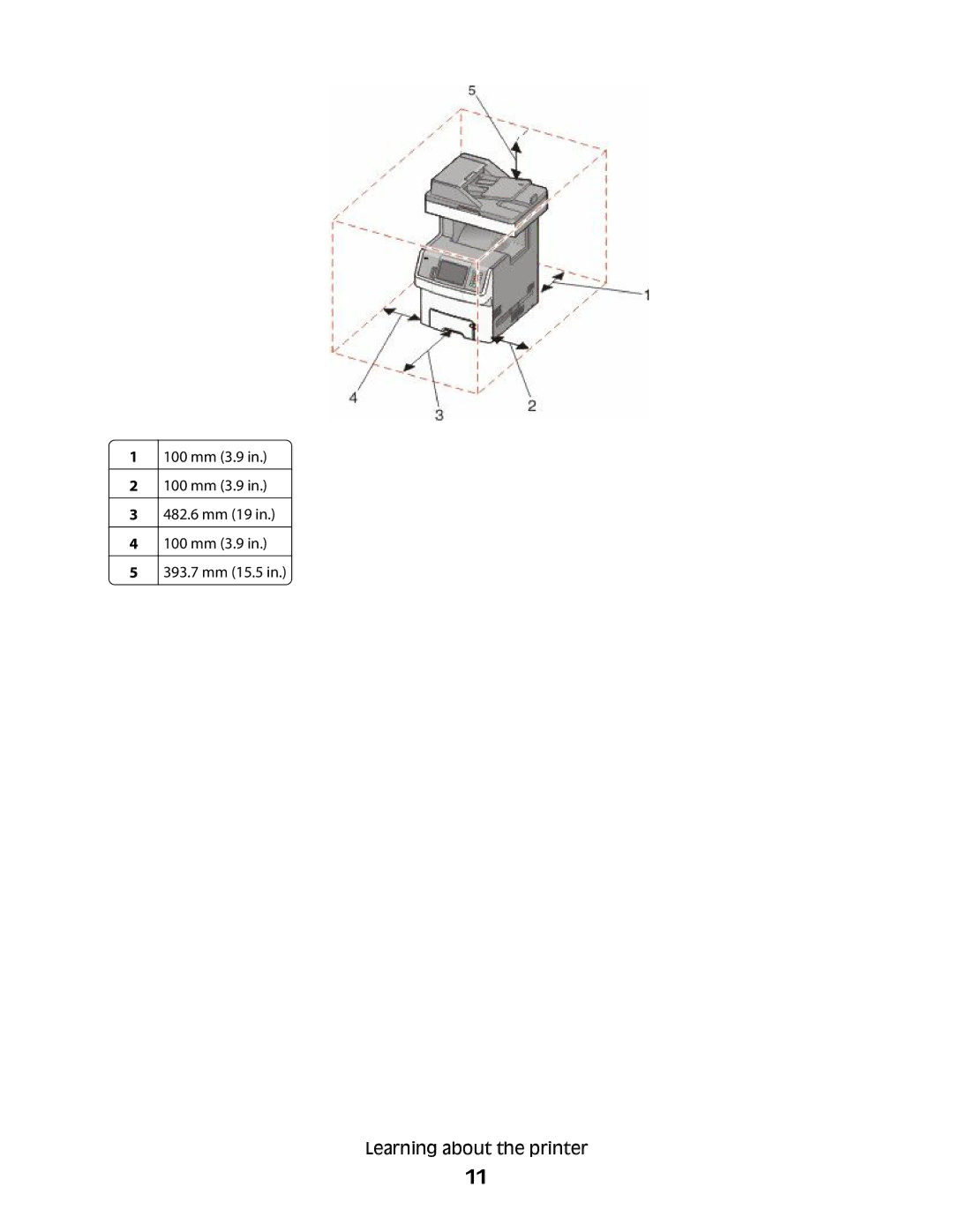 Lexmark MS00855, MS00859, MS00853, MS00850 manual 100 mm 3.9 482.6 mm 19 393.7 mm 15.5 