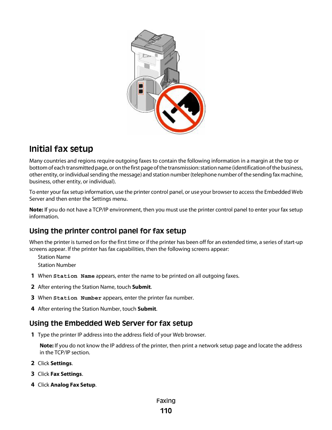 Lexmark MS00850, MS00859, MS00853, MS00855 manual Initial fax setup, Using the printer control panel for fax setup, 110 