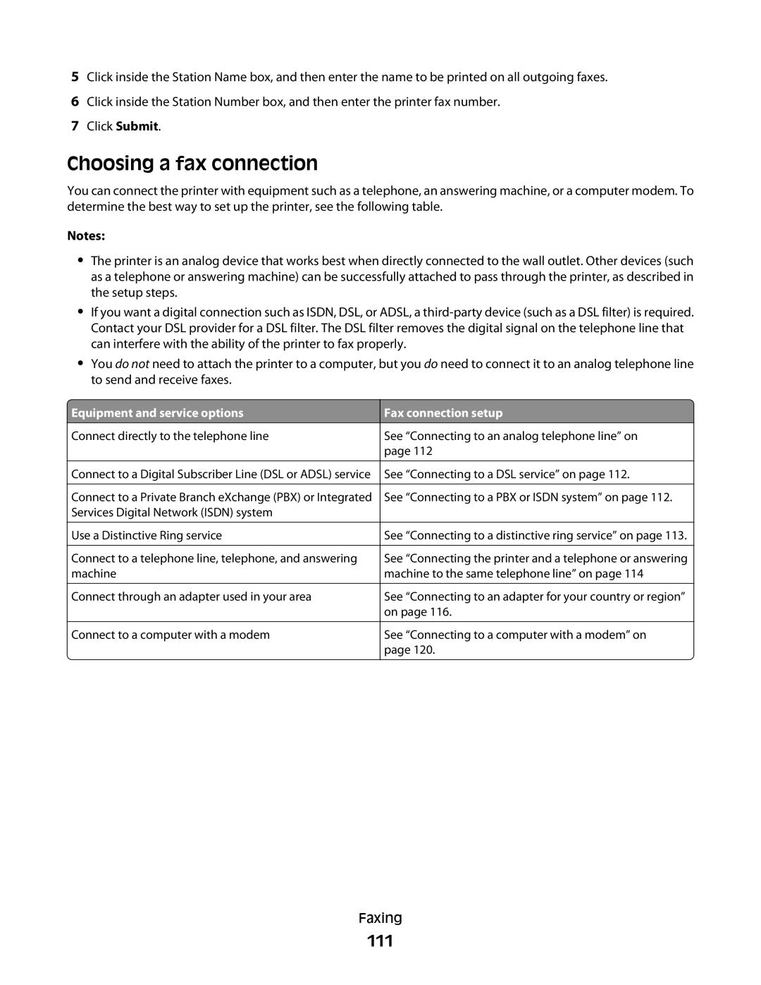 Lexmark MS00855, MS00859, MS00853, MS00850 manual Choosing a fax connection, 111 