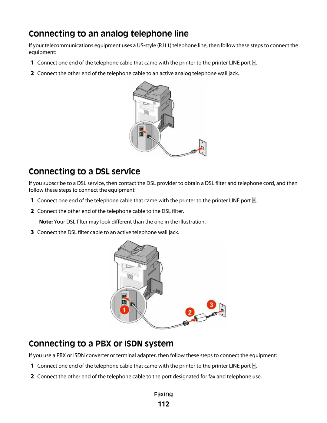 Lexmark MS00859 Connecting to an analog telephone line, Connecting to a DSL service, Connecting to a PBX or Isdn system 