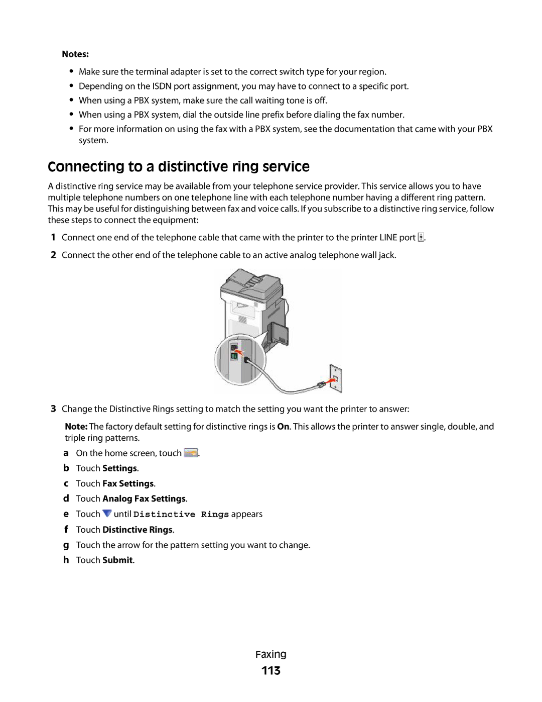 Lexmark MS00853 Connecting to a distinctive ring service, 113, Touch Settings Touch Fax Settings Touch Analog Fax Settings 