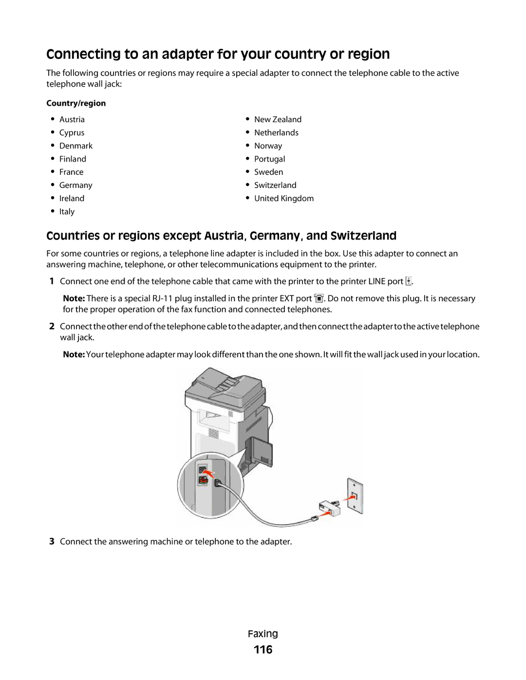 Lexmark MS00859, MS00853, MS00850, MS00855 manual Connecting to an adapter for your country or region, 116 