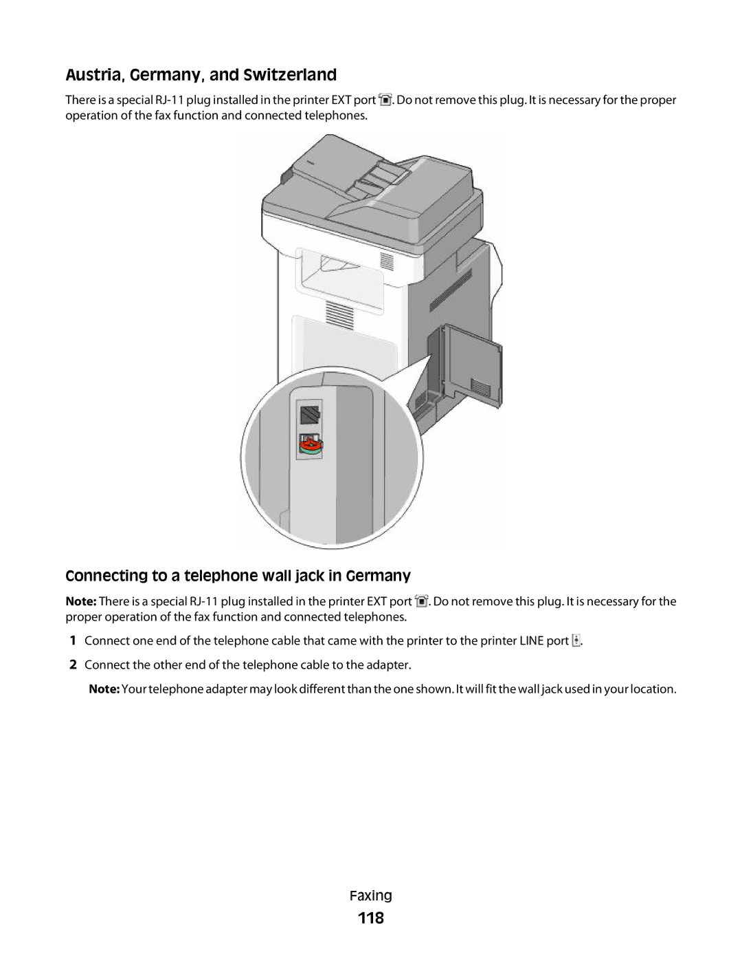 Lexmark MS00850, MS00859, MS00853 Austria, Germany, and Switzerland, 118, Connecting to a telephone wall jack in Germany 