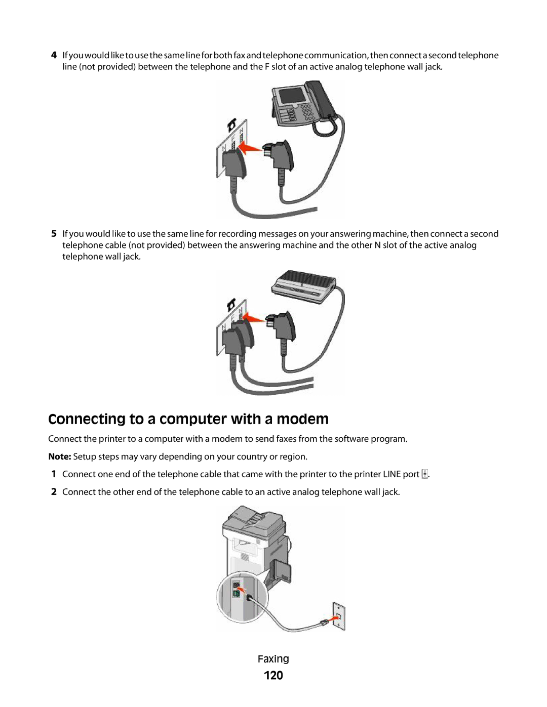 Lexmark MS00859, MS00853, MS00850, MS00855 manual Connecting to a computer with a modem, 120 