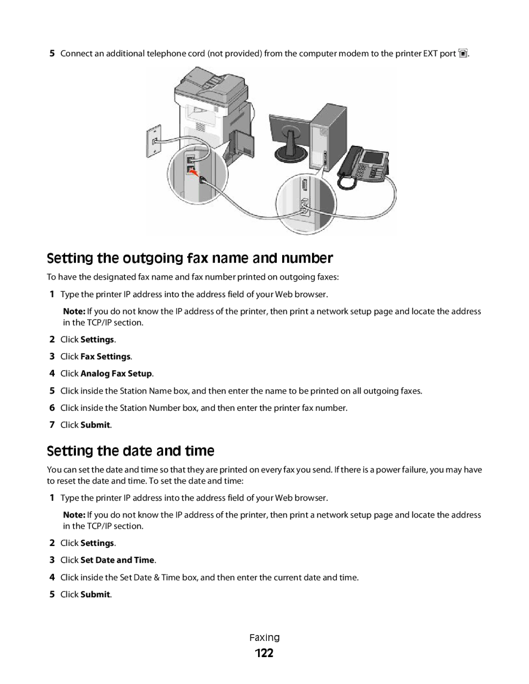 Lexmark MS00850, MS00859, MS00853, MS00855 manual Setting the outgoing fax name and number, Setting the date and time, 122 