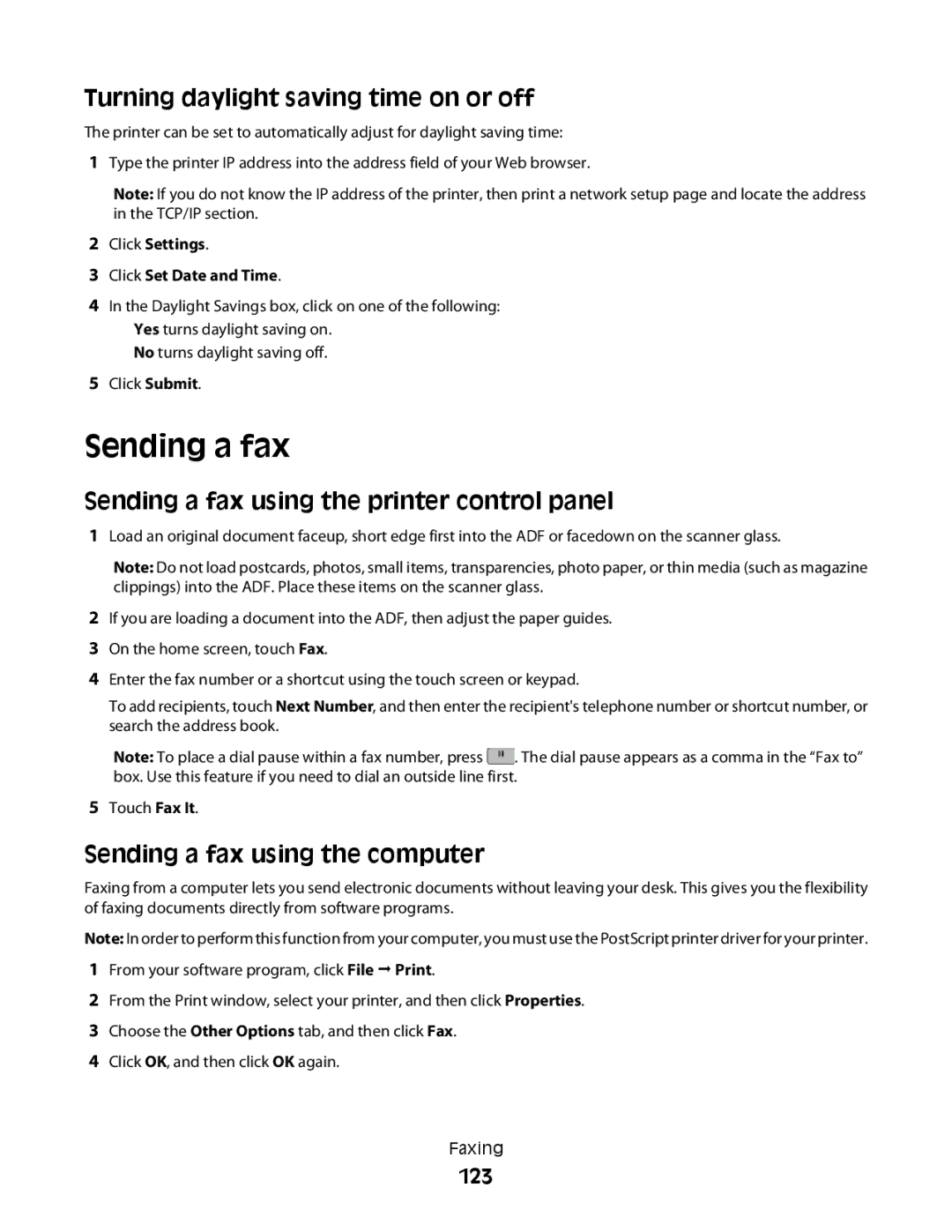 Lexmark MS00855, MS00859 Turning daylight saving time on or off, Sending a fax using the printer control panel, 123 