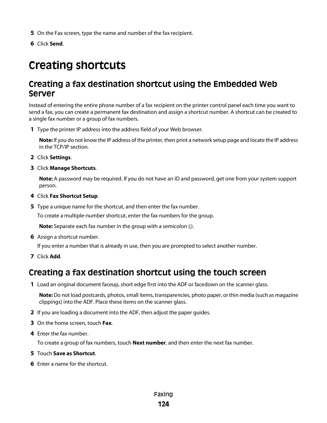 Lexmark MS00859, MS00853, MS00850 manual Creating shortcuts, Creating a fax destination shortcut using the touch screen, 124 