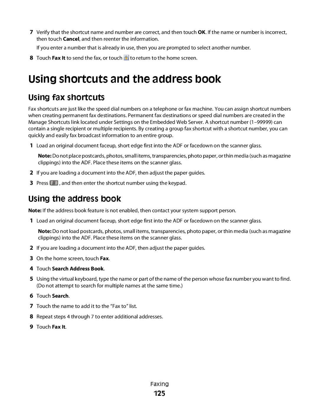 Lexmark MS00853, MS00859, MS00850 Using shortcuts and the address book, Using fax shortcuts, Using the address book, 125 