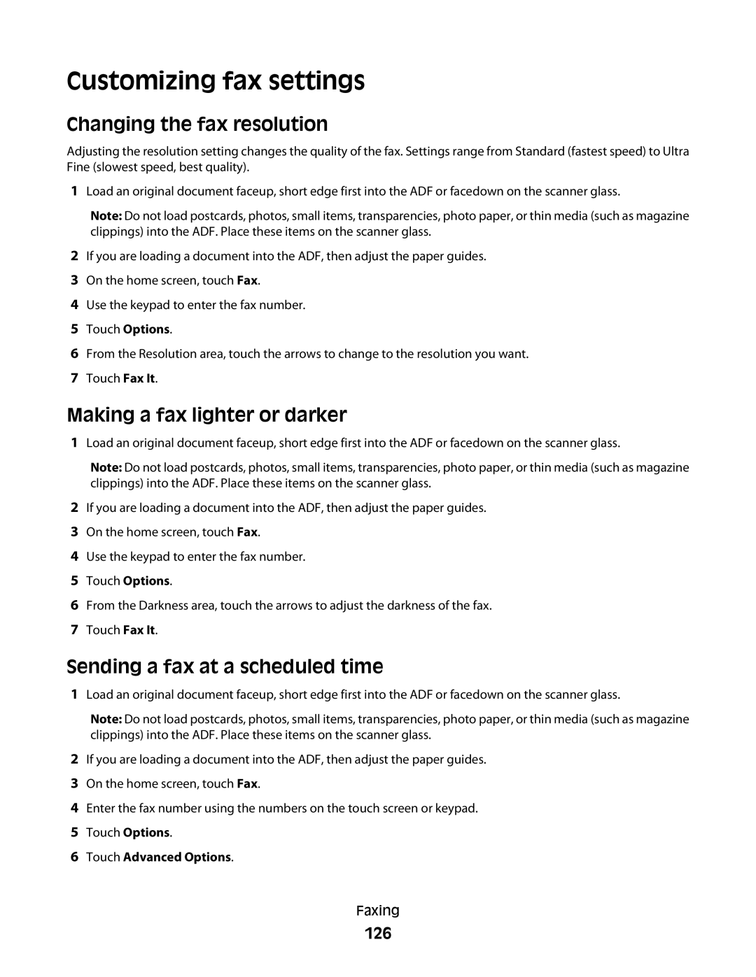 Lexmark MS00850, MS00859 manual Customizing fax settings, Changing the fax resolution, Making a fax lighter or darker, 126 