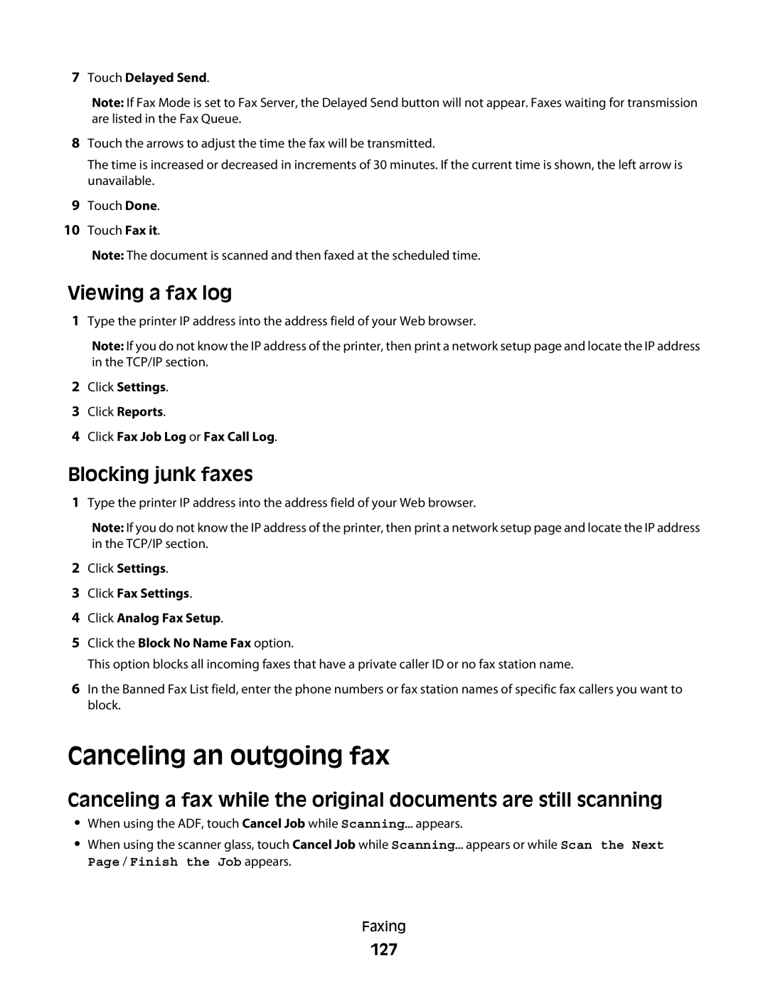 Lexmark MS00855, MS00859, MS00853, MS00850 manual Canceling an outgoing fax, Viewing a fax log, Blocking junk faxes, 127 