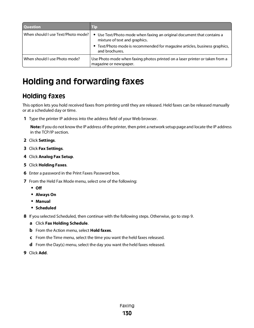 Lexmark MS00850, MS00859, MS00853, MS00855 Holding and forwarding faxes, Holding faxes, 130, Off Always On Manual Scheduled 