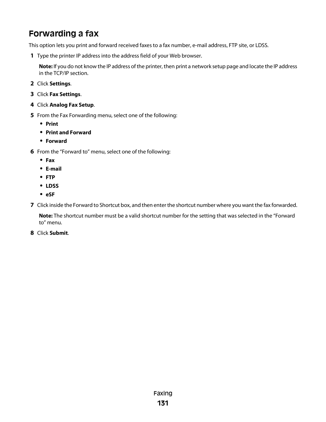 Lexmark MS00855, MS00859, MS00853, MS00850 manual Forwarding a fax, 131, Print Print and Forward, Fax Mail, Esf 