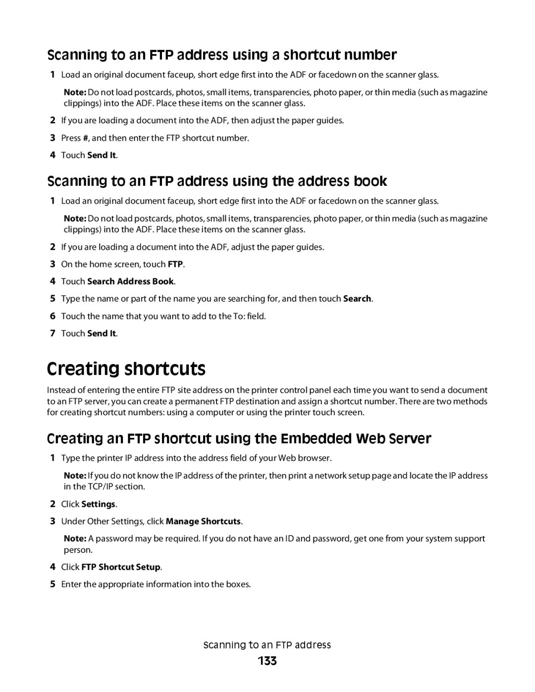 Lexmark MS00853 Scanning to an FTP address using a shortcut number, Scanning to an FTP address using the address book, 133 